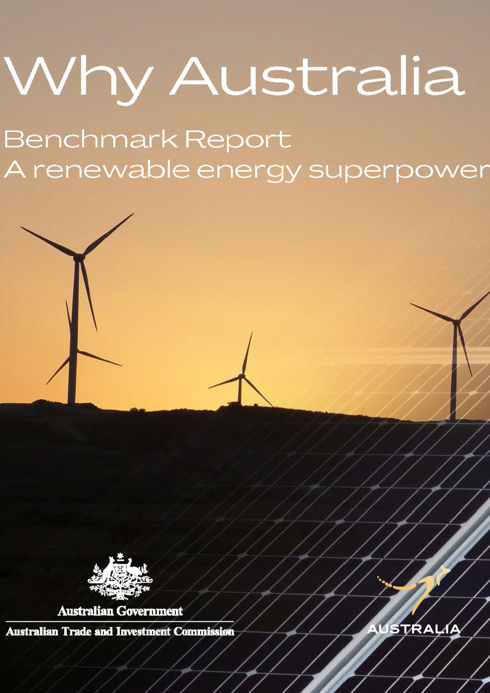 Benchmark Report 2023: A renewable energy superpower cover image of wind generates on a hill at sunset