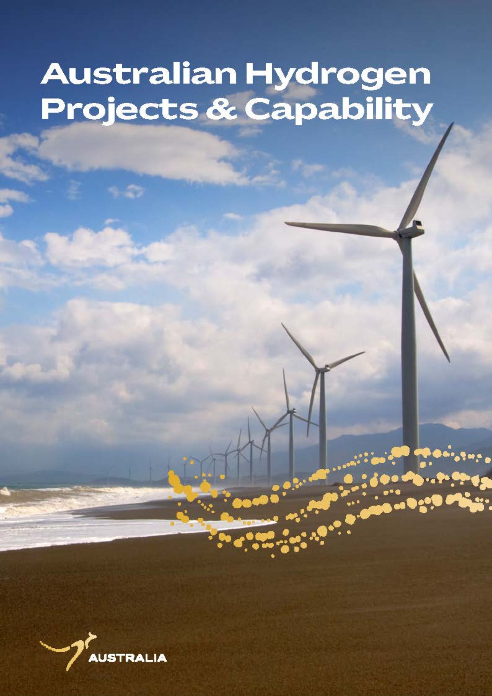 Australia hydrogen projects and capability report cover depicting a wind farm with a cloudy blue sky in the background