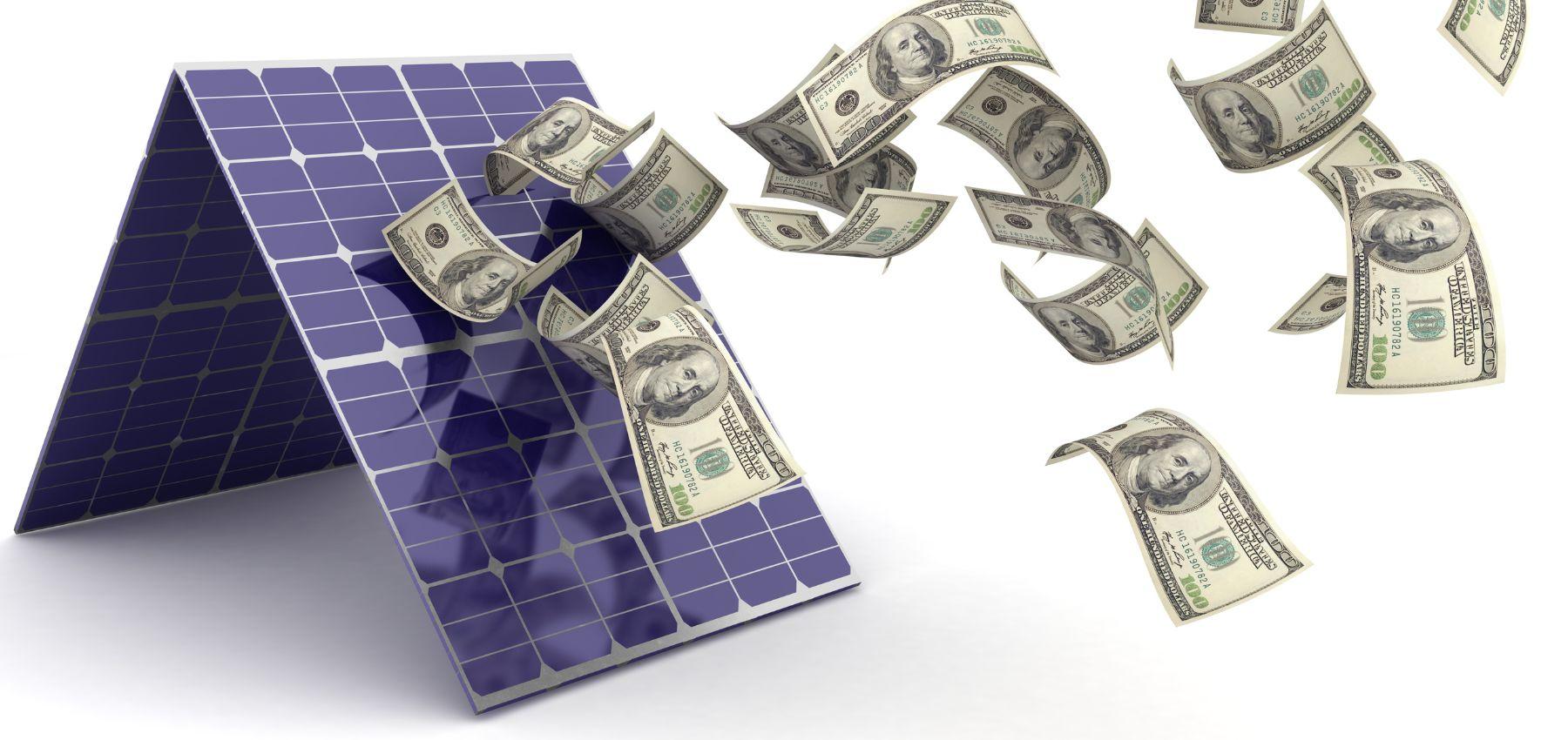 Solar panels with US dollars floating around them