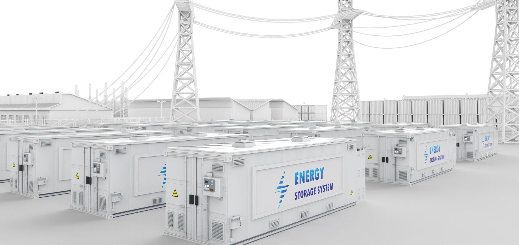 A number of big batteries in storage containers sit in front of high tension power transmission lines concept image