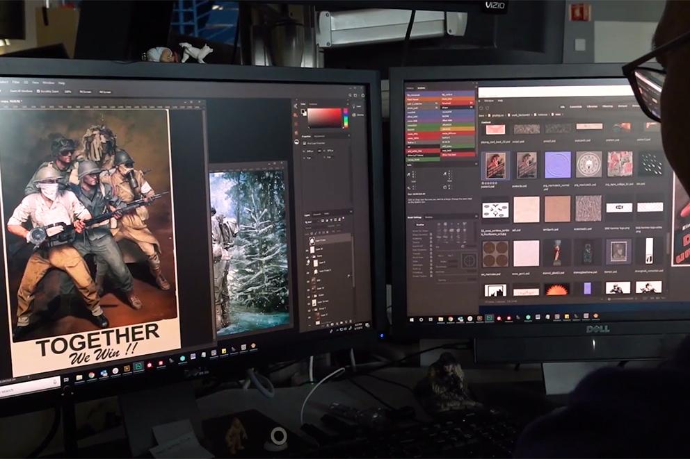 A games developer from Sledgehammer Games edits game characters with two computer screens