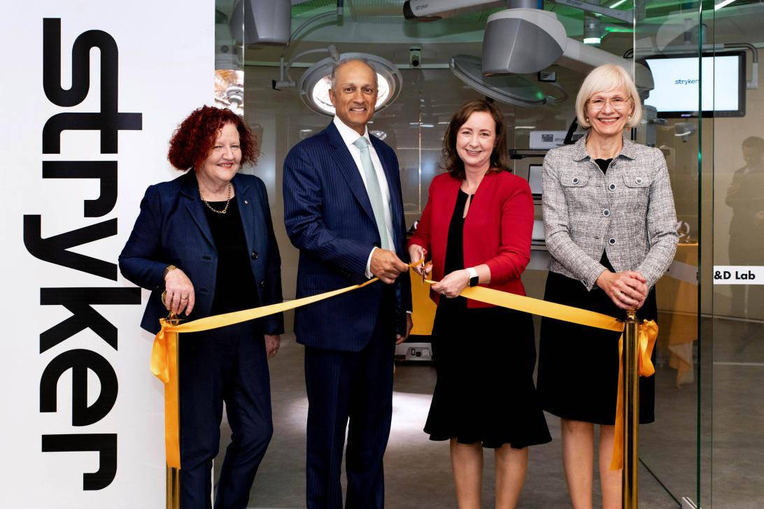 From left: QUT Vice Chancellor Professor Margaret Sheil, Stryker Chair and CEO Kevin Lobo, Queensland Minister for Health, Yvette D’Ath, and UQ Vice Chancellor Professor Deborah Terry.