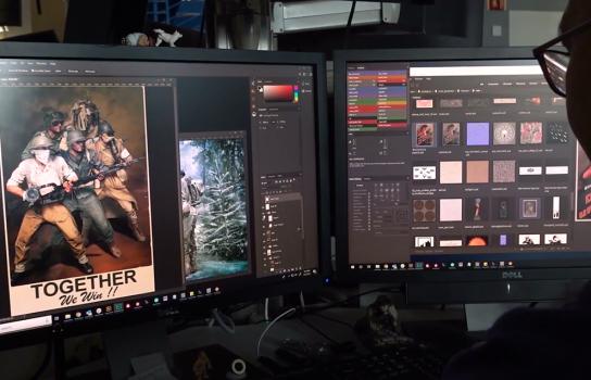 A games developer from Sledgehammer Games edits game characters with two computer screens